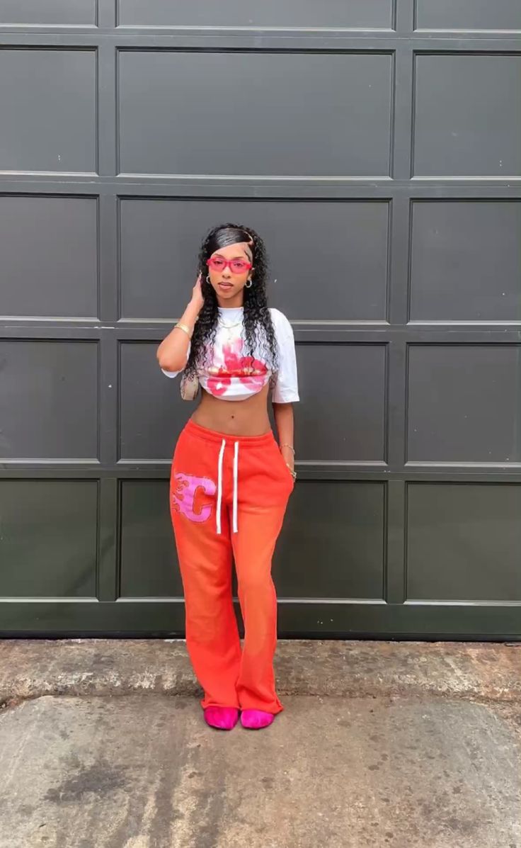 Red Sweatpants and White Crop Top